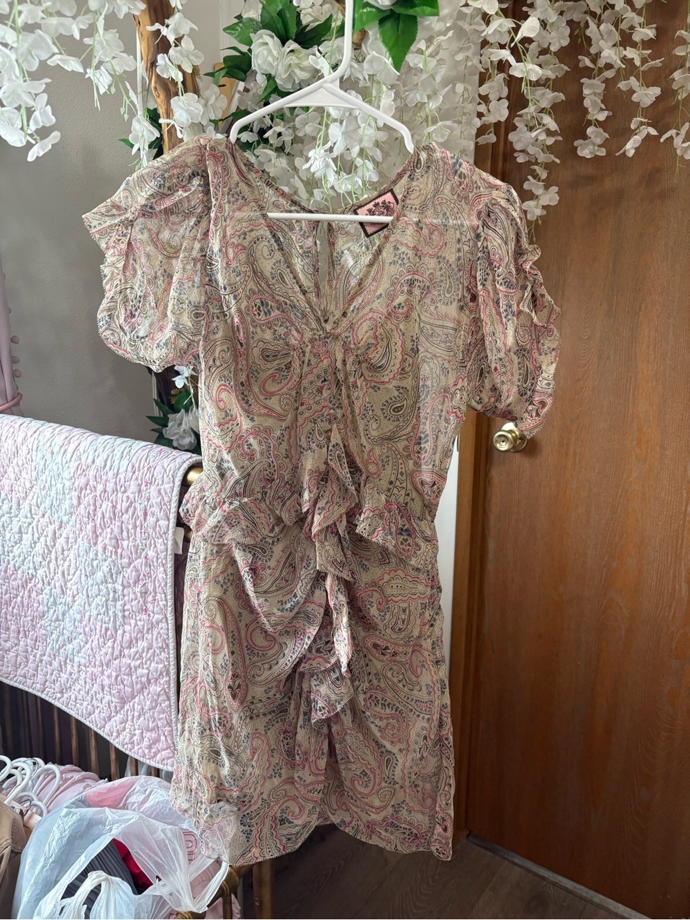 Juicy Couture Vintage Y2K Beige Pink Paisley Mini Dress 100% Silk